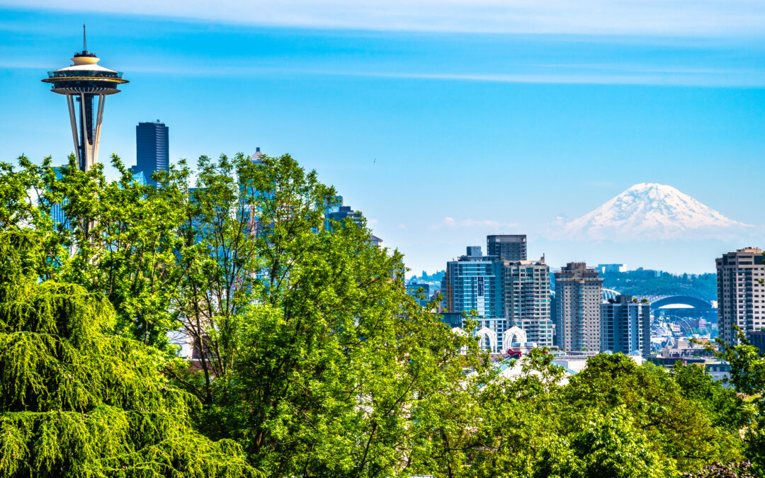 Mount Rainier in the background and the Seattle Tower Needle in the foreground.